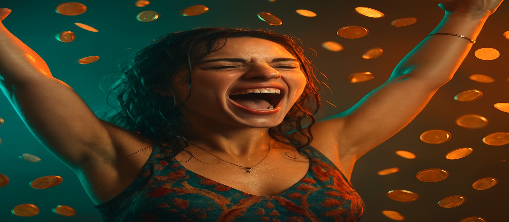jay9 গেমিং প্ল্যাটফর্মে একটি রঙিন টপ পরা নারী মুদ্রার বৃষ্টির মাঝখানে দাঁড়িয়ে আছেন